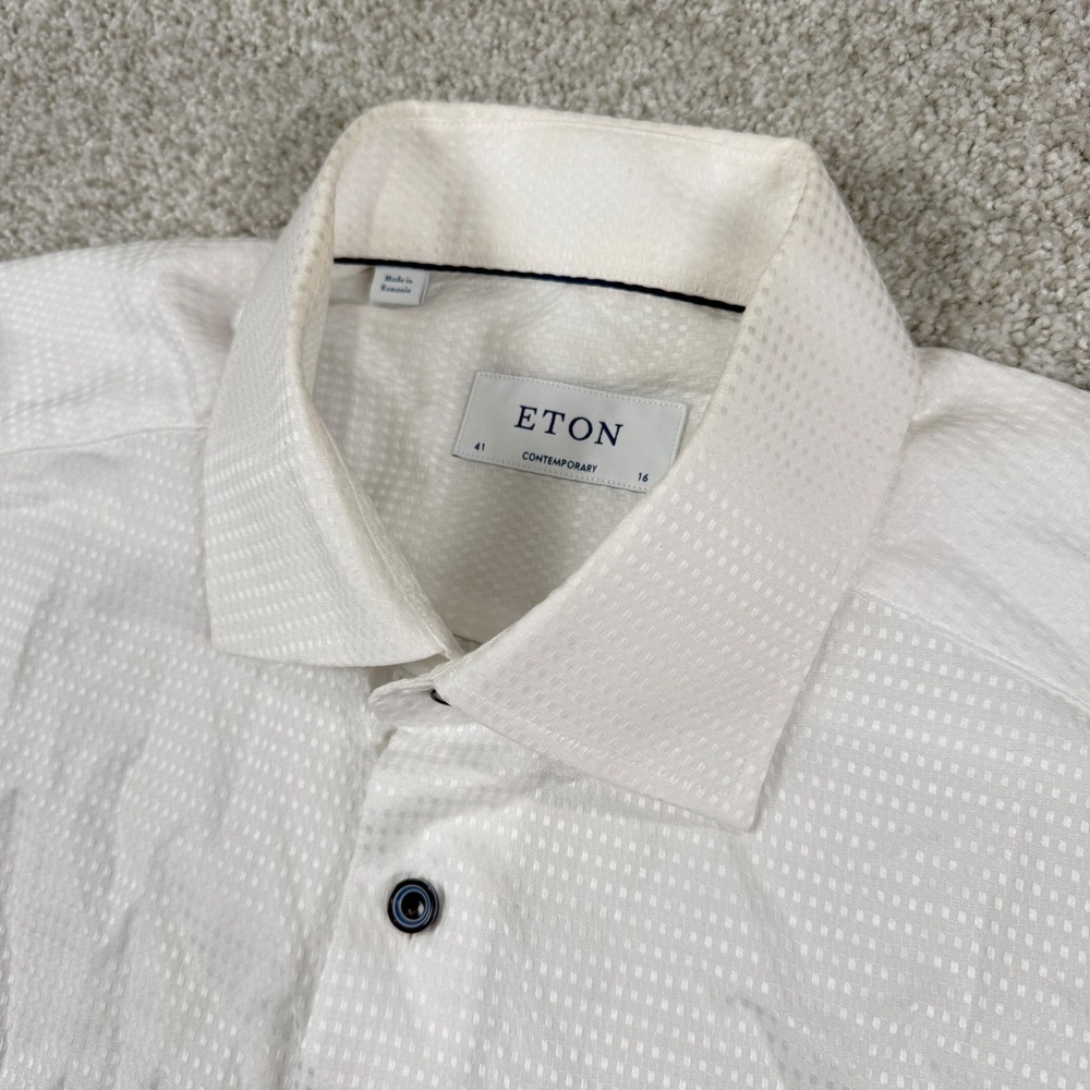 Eton Dress Shirt Men 16 White Contemporary Fit Textured Long Sleeve Cotton